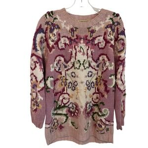 Hunters Run Pink Floral Knit Sweater Womens M Pullover Cotton Blend Crew